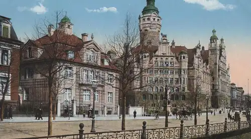 ALTE POSTKARTE LEIPZIG STRASSENPARTIE NEUES RATHAUS 1915 KUNSTVOLLER ZAUN SCHMIEDEKUNST cpa Ansichtskarte postcard AK