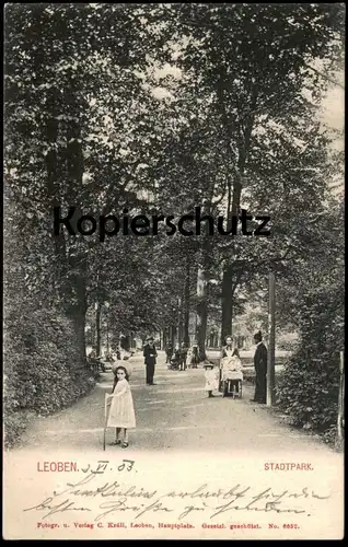 ALTE POSTKARTE LEOBEN STADTPARK 1903 MÄDCHEN SONNTAGSKLEID Kinderwagen Kind cpa Ansichtskarte postcard AK