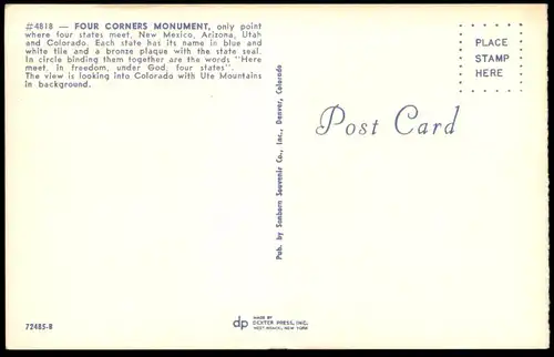 ÄLTERE POSTKARTE FOUR CORNERS MONUMENT ARIZONA NEW MEXICO COLORADO UTAH cpa AK postcard Ansichtskarte