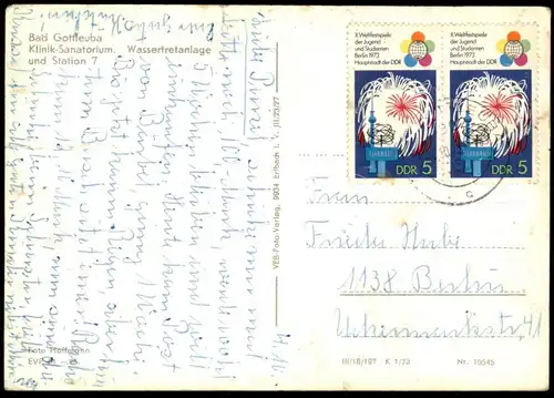 ÄLTERE POSTKARTE BAD GOTTLEUBA KLINIK-SANATORIUM WASSERTRETANLAGE UND STATION 7 DDR BRIEFMARKE X. WELTFEST-SPIELE Kneipp