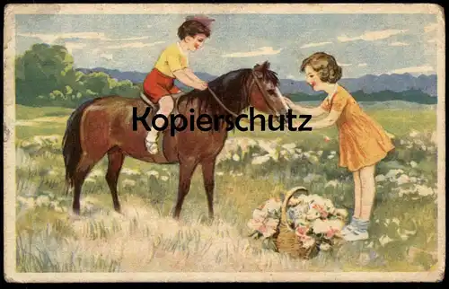 ALTE KÜNSTLER POSTKARTE KINDER MIT PFERD Blesse horse cheval children enfants cpa Ak Ansichtskarte postcard