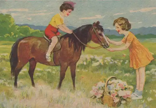 ALTE KÜNSTLER POSTKARTE KINDER MIT PFERD Blesse horse cheval children enfants cpa Ak Ansichtskarte postcard