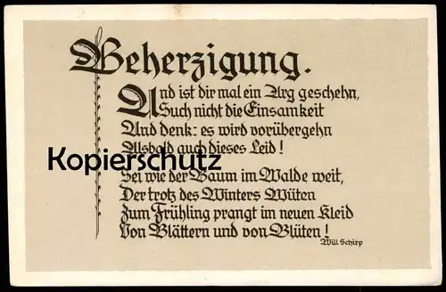 ALTE SPRUCH POSTKARTE BEHERZIGUNG WILL SCHIRP Berndorf Gerolstein Winter Frühling Einsamkeit Ansichtskarte cpa postcard