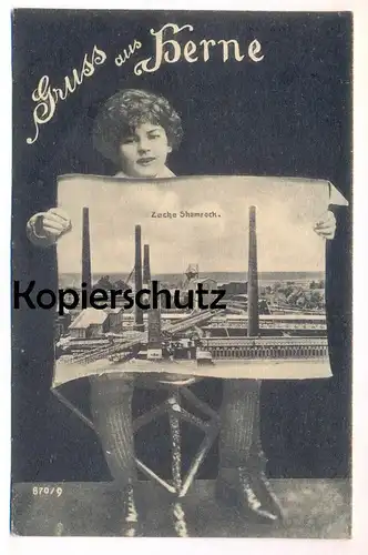 ALTE POSTKARTE GRUSS AUS HERNE ZECHE SCHAMROCK Shamrock Frau Kind woman femme coal mine montage photo Ansichtskarte cpa