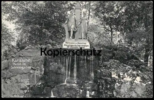 ALTE POSTKARTE KARLSRUHE PARTIE IM SCHLOSSGARTEN HERMANN UND DOROTHEA DENKMAL Goethe Ansichtskarte cpa AK postcard
