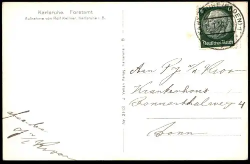 ALTE POSTKARTE KARLSRUHE FORSTAMT 1940 HIRSCH GEMÄLDE AM HAUS PHOTO ROLF KELLNER Ansichtskarte cpa AK postcard