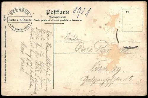 ALTE POSTKARTE BAD BERNECK PARTIE AN DER ÖLSNITZ IM FICHTELGEBIRGE FRAU MIT KIEPE Ölschnitz Ansichtskarte cpa postcard