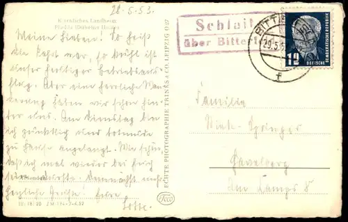 ALTE POSTKARTE KIRCHLICHES LANDHEIM PLODDA DÜBENER HEIDE Muldestausee Bitterfeld Rechteckstempel Schlaitz postcard cpa