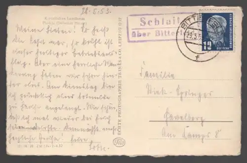 ALTE POSTKARTE KIRCHLICHES LANDHEIM PLODDA DÜBENER HEIDE Muldestausee Bitterfeld Rechteckstempel Schlaitz postcard cpa