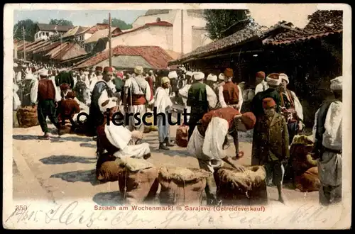 ALTE POSTKARTE SZENEN AM WOCHENMARKT IN SARAJEVO GETREIDEVERKAUF Bosnien-Herzegowina Bosnia-Herzegovina market marché AK