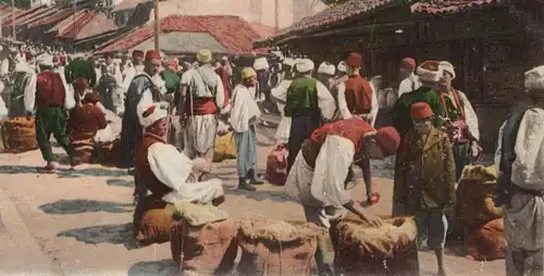 ALTE POSTKARTE SZENEN AM WOCHENMARKT IN SARAJEVO GETREIDEVERKAUF Bosnien-Herzegowina Bosnia-Herzegovina market marché AK