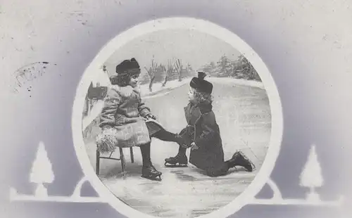 ALTE POSTKARTE GLÜCKLICHES NEUES JAHR SCHLITTSCHUH FAHREN KINDER ice figure skating Mädchen girls Ansichtskarte postcard