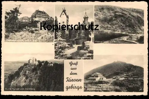ALTE POSTKARTE GRUSS AUS DEM RIESENGEBIRGE SCHLESIERHAUS KIRCHE WANG KYNAST VOM HERDBERG REIFTRÄGERBAUDE postcard cpa