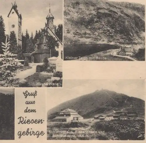 ALTE POSTKARTE GRUSS AUS DEM RIESENGEBIRGE SCHLESIERHAUS KIRCHE WANG KYNAST VOM HERDBERG REIFTRÄGERBAUDE postcard cpa