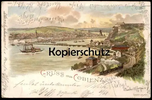 ALTE LITHO POSTKARTE GRUSS AUS COBLENZ 1899 ESTE FESTUNG Koblenz Eisenbahn Dampflok train cpa AK Ansichtskarte postcard