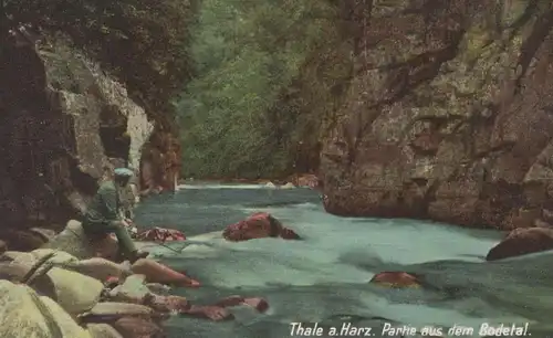 ALTE POSTKARTE THALE A. HARZ PARTIE AUS DEM BODETAL Bode Angler Fischer fishing fischerman pecheur Ansichtskarte cpa AK