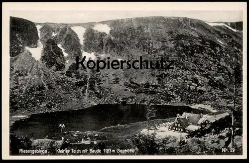 ALTE POSTKARTE RIESENGEBIRGE KLEINER TEICH MIT BAUDE 1183 M SEEHÖHE Karpacz Krummhübel Schlesien AK postcard cpa