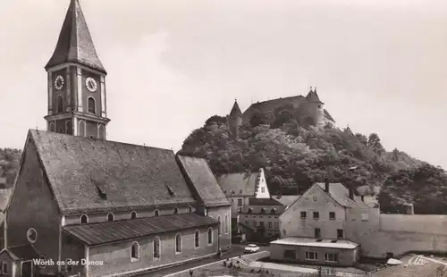 ÄLTERE POSTKARTE WÖRTH AN DER DONAU BLICK VON DER KREISSPARKASSE AUF KIRCHE UND SCHLOSS cpa AK Ansichtskarte postcard