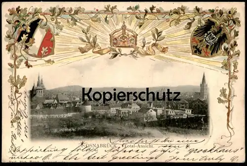 ALTE LITHO PRÄGE POSTKARTE OSNABRÜCK TOTAL-ANSICHT Krone Wappen Total Gesamtansicht Ansichtskarte postcard cpa AK