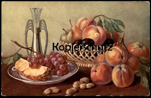 ALTE KÜNSTLER POSTKARTE STILLLEBEN ANANAS PFIRSICH TRAUBEN ERDNÜSSE peanuts cacahouète cpa AK Stilleben postcard