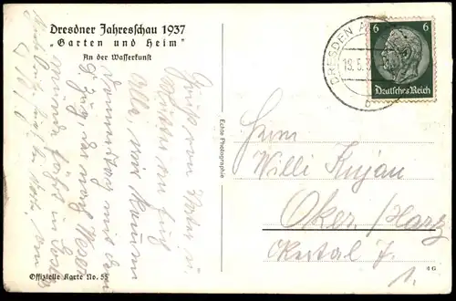 ALTE POSTKARTE DRESDNER JAHRESSCHAU 1937 GARTEN UND HEIM AN DER WASSERKUNST Dresden Ansichtskarte postcard cpa AK