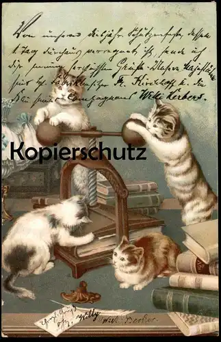ALTE POSTKARTE VERMENSCHLICHTE KATZEN ALS BUCHDRUCKER BUCHPRESSE BUCHDRUCK Katze cat cats chats chat cpa postcard AK