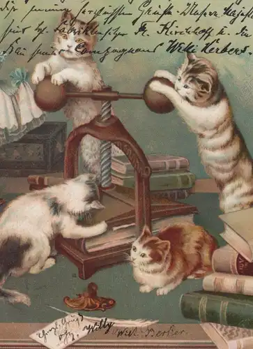 ALTE POSTKARTE VERMENSCHLICHTE KATZEN ALS BUCHDRUCKER BUCHPRESSE BUCHDRUCK Katze cat cats chats chat cpa postcard AK