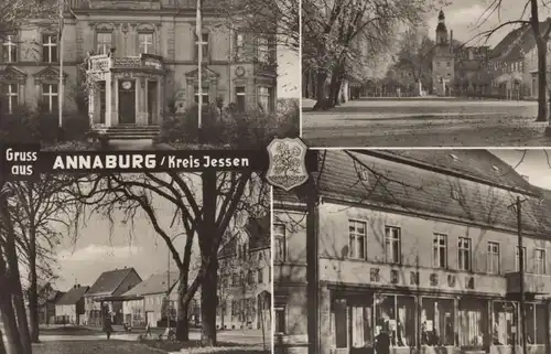 ÄLTERE POSTKARTE GRUSS AUS ANNABURG KREIS JESSEN RAT DER STADT KARL-MARX-PLATZ KONSUM-TEXTILVERKAUFSSTELLE Ansichtskarte