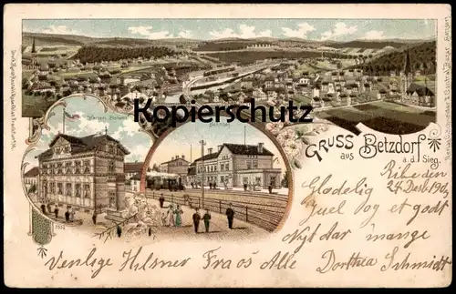 ALTE LITHO POSTKARTE GRUSS AUS BETZDORF AN DER SIEG BAHNHOF DAMPFLOK KAISERLICHES POSTAMT gare station cpa postcard AK