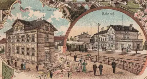 ALTE LITHO POSTKARTE GRUSS AUS BETZDORF AN DER SIEG BAHNHOF DAMPFLOK KAISERLICHES POSTAMT gare station cpa postcard AK