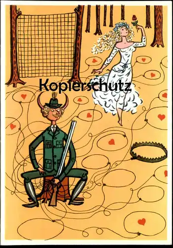 ÄLTERE KARTE JAGD FALLE FÜR FRAU FRAUENFÄNGER snap trap hunting la chasse Humor humour Teufel devil cpa postcard