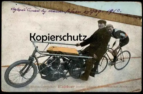 ALTE POSTKARTE WELTMEISTERFAHRER WALTHOUR HINTER SEINEM SCHRITTMACHER HOFMANN Steherrennen Stayer Américain cpa AK