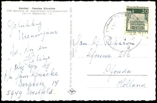 ÄLTERE POSTKARTE WESTFELD HOCHSAUERLAND GASTHOF PENSION SCHNEIDER FERNRUF OBERKIRCHEN Winter Schmallenberg cpa postcard