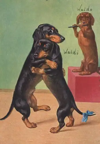 ALTE POSTKARTE WIR TANZEN RINGELREIHEN Dackel vermenschlicht Dachshund teckel dancing dog chien postcard Ansichtskarte