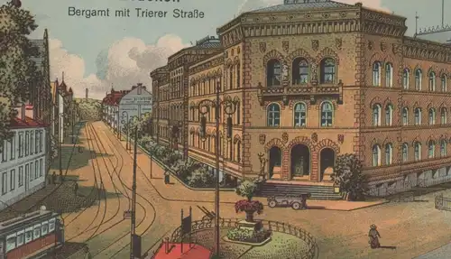 ALTE LITHO POSTKARTE SAARBRÜCKEN BERGAMT MIT TRIERER STRASSE Strassenbahn tram postcard Ansichtskarte AK cpa