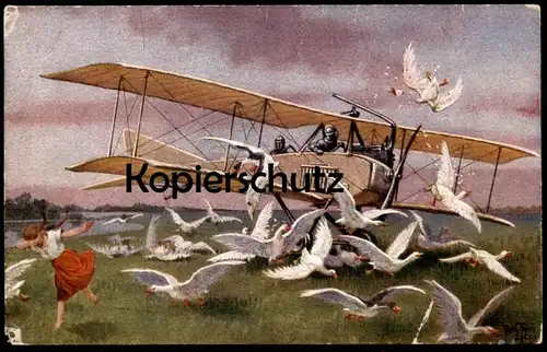 ALTE KÜNSTLER POSTKARTE ARTHUR THIELE FLUGZEUG Luftfahrt Doppeldecker avion airplane Gänse Gans goose AK cpa postcard