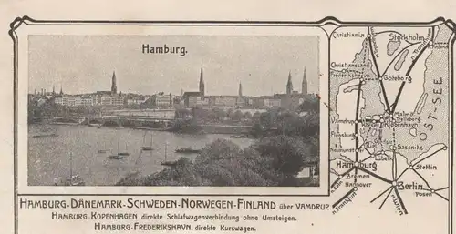 ALTE POSTKARTE HAMBURG BERLIN DÄNEMARK SCHWEDEN NORWEGEN EISENBAHNLINIE DEUTSCHE EISENBAHN Ansichtskarte railway cpa AK