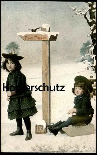 ALTE POSTKARTE PROSIT NEUJAHR MÄDCHEN ZIEHT SCHLITTEN Kinder Stempel Mögeltondern sleigh luge AK Ansichtskarte postcard
