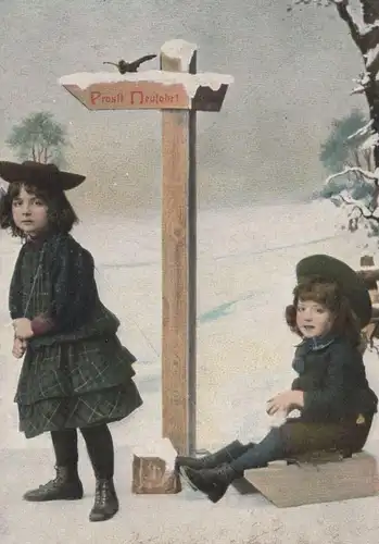 ALTE POSTKARTE PROSIT NEUJAHR MÄDCHEN ZIEHT SCHLITTEN Kinder Stempel Mögeltondern sleigh luge AK Ansichtskarte postcard