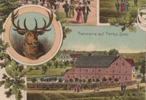 ALTE LITHO POSTKARTE GRUSS VON DER FORELLENMÜHLE MOSEL BEI ZWICKAU 1901 SCHIESSSTAND Hirsch deer Ansichtskarte postcard