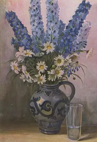 ÄLTERE POSTKARTE MARGERITEN UND RITTERSPORN GEORG SCHILL BLUMEN STRAUSS VASE flowers Stilleben Ansichtskarte postcard