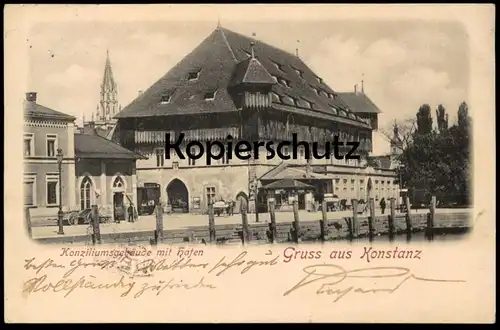 ALTE POSTKARTE GRUSS AUS KONSTANZ KONZILIUMSGEBÄUDE MIT HAFEN Constanz postcard AK cpa Ansichtskarte