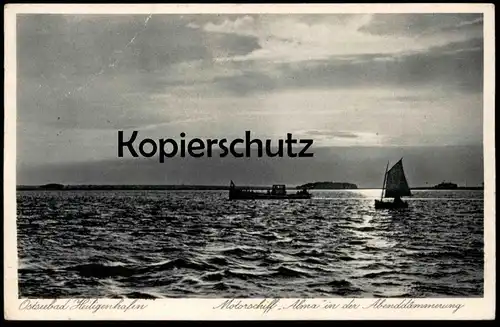 ALTE POSTKARTE OSTSEEBAD HEILIGENHAFEN MOTORSCHIFF MS ALMA IN DER ABENDDÄMMERUNG Schiff ship postcard cpa Ansichtskarte