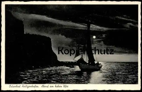 ALTE POSTKARTE OSTSEEBAD HEILIGENHAFEN ABEND AM HOHEN UFER Mond Strand Klippe Boot moon postcard AK cpa Ansichtskarte