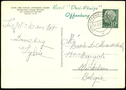 ALTE POSTKARTE HOTEL DREI KÖNIGE OFFENBURG BADEN BEHAGLICHES WOHNEN BEI MODERNEM KOMFORT GARAGEN OPEL cpa postcard