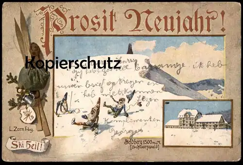 ALTE KÜNSTLER POSTKARTE PROSIT NEUJAHR FELDBERG LUDWIG ZORN ZWERGE FAHREN SKI nains midget skiing dwarfs postcard cpa AK