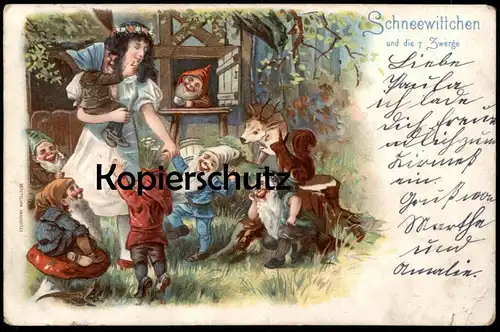 ALTE LITHO POSTKARTE SCHNEEWITTCHEN UND DIE SIEBEN ZWERGE Märchen fairy tall snow white blanche-neige nains dwarfs Reh 7