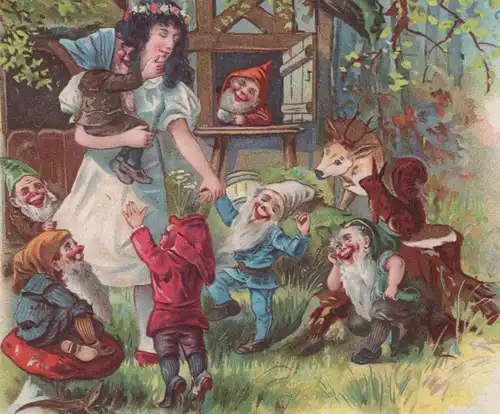 ALTE LITHO POSTKARTE SCHNEEWITTCHEN UND DIE SIEBEN ZWERGE Märchen fairy tall snow white blanche-neige nains dwarfs Reh 7