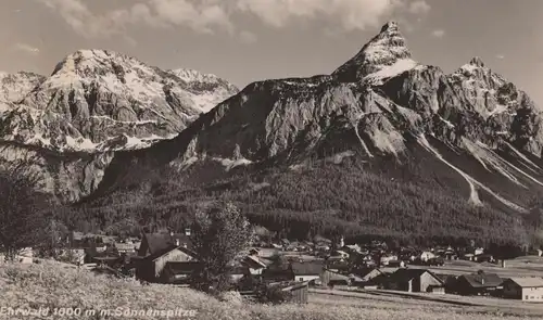 ÄLTERE POSTKARTE EHRWALD 1000 M MIT SONNENSPITZE WIESE BLUMENWIESE postcard Ansichtskarte AK cpa