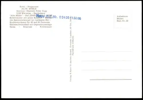 ÄLTERE POSTKARTE HOTEL RESTAURANT ALTE MÜHLE WÜRSELEN BARDENBERG SCHWIMMBAD BESITZER EHELEUTE PETER ZOPP postcard AK cpa